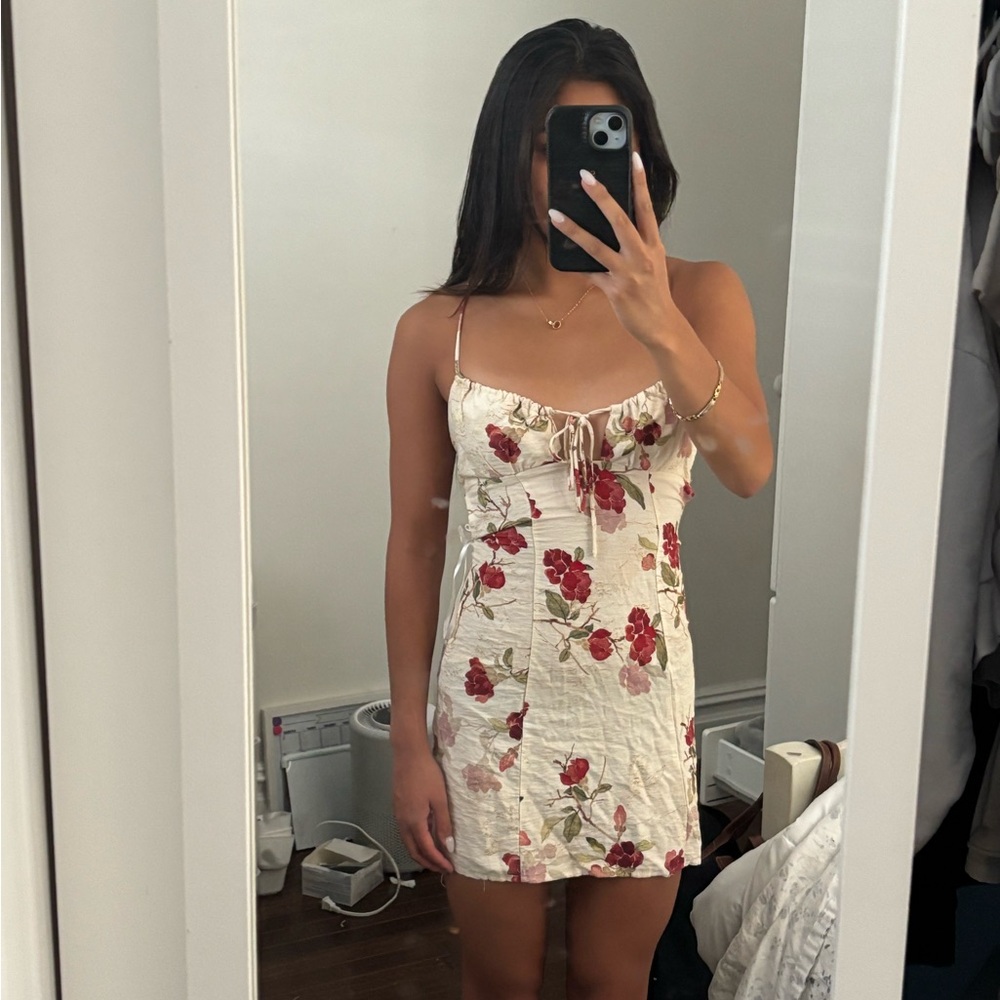 Princess Polly Cream Mini Dress with Red Rose Print